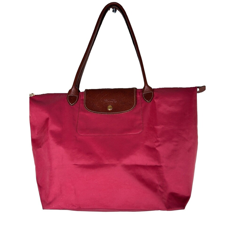 Longchamp Le Pliage Large Pink Tote Brown Leather Shoulder Strap  Lined